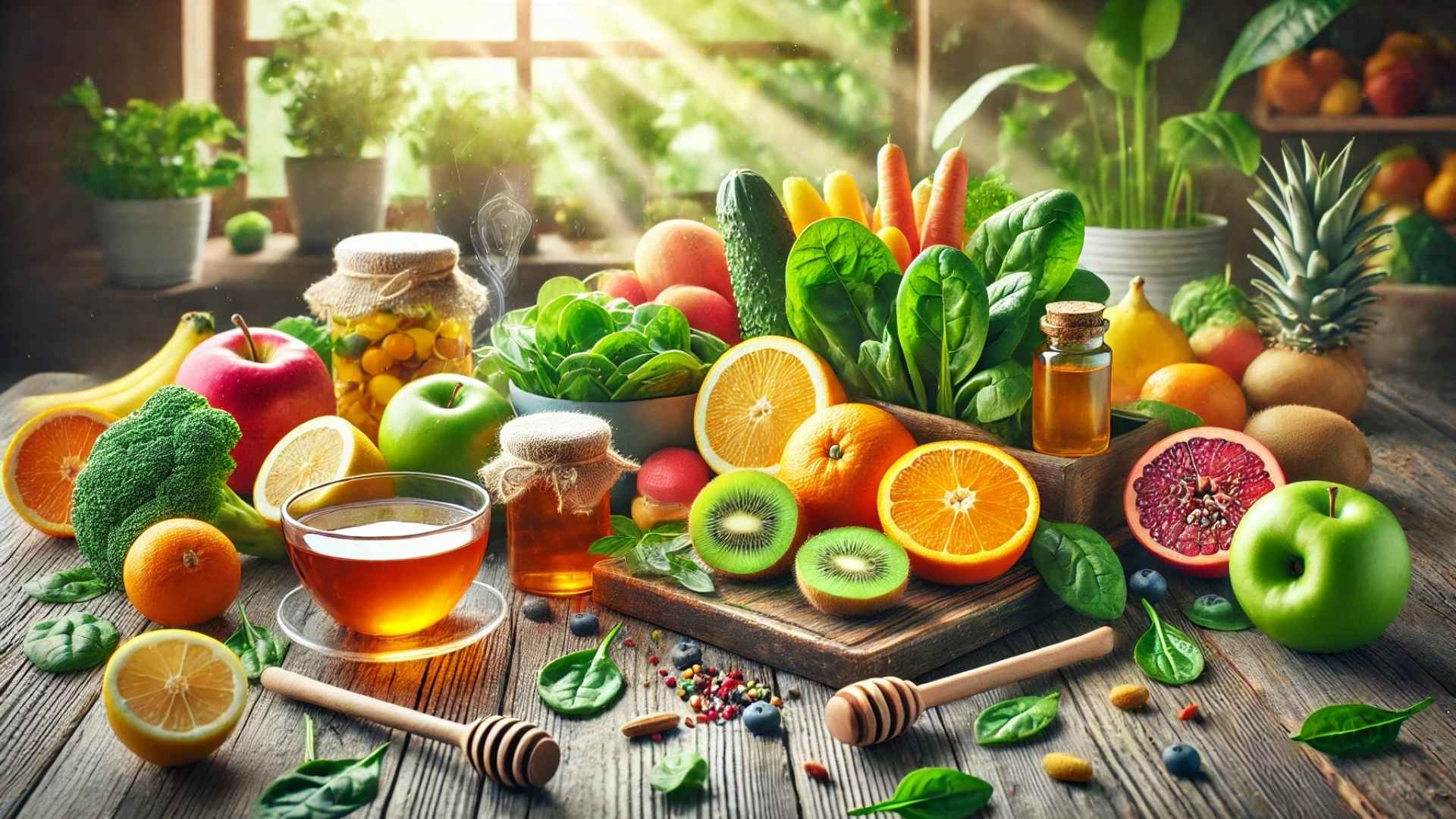 Verschiedene Obst und Gemüse Sorten auf einem Tisch.